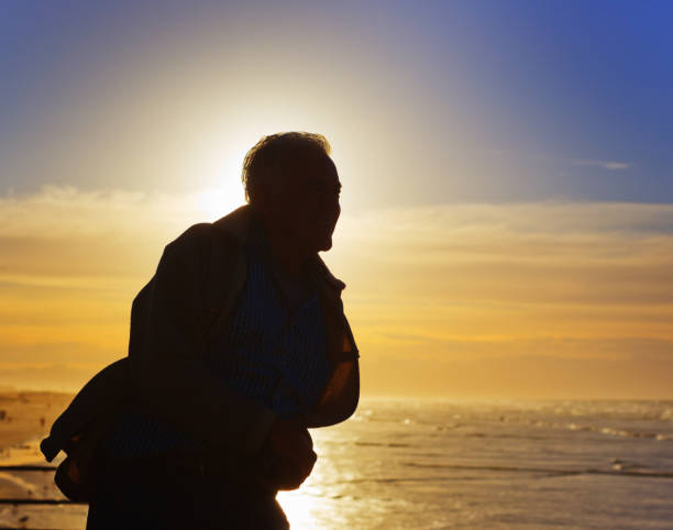 istock Silhouette of man enjoying beautiful seaside sunset 1146455180