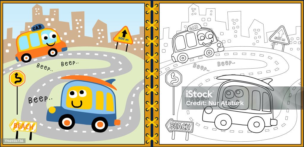 coloring book or page with funny vehicles cartoon Book stock vector