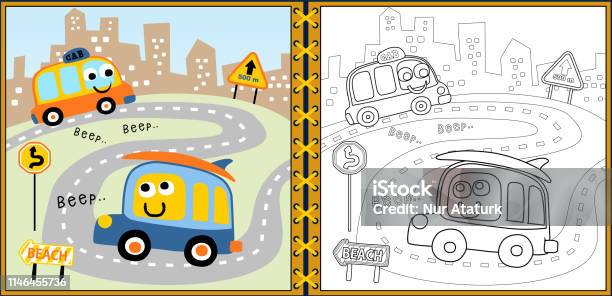 Coloring Book Or Page With Funny Vehicles Cartoon Stock Illustration - Download Image Now - Book, Bus, Car