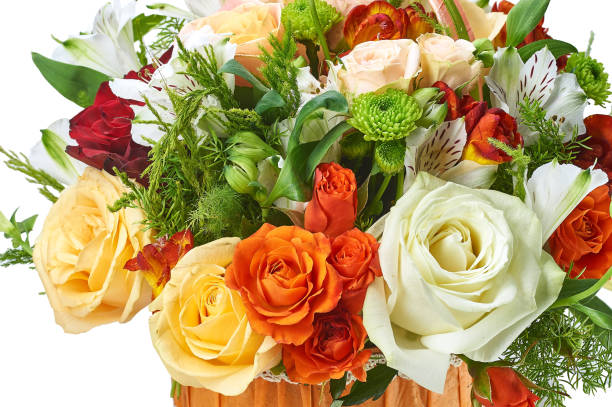 istock bouquet basket of roses mix decorative on a white background 1146456357