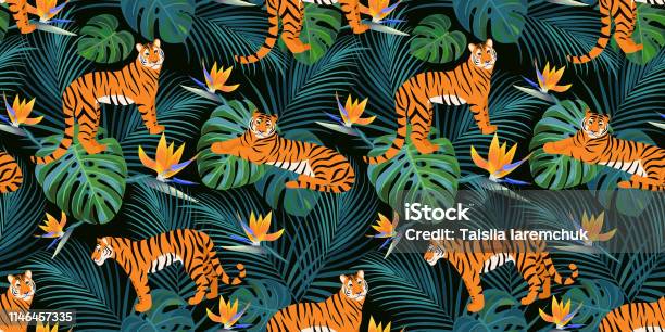 Tiger Bush Pattern Trendy Tiger Pattern With Tropical Leaves And Exotic Flowers Vector ...