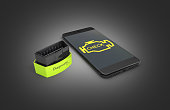 Car diagnostic concept Close up of OBD2 wireless scanner with smartphone on black gradient background 3d illustration