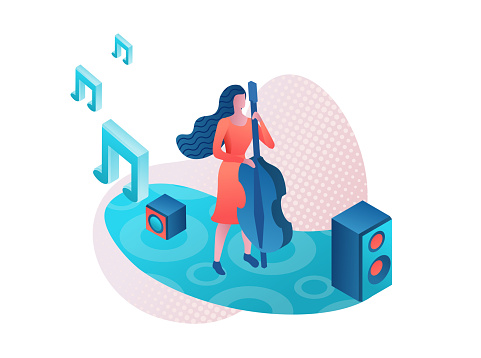 Contrabass 3d isometric vector illustration, woman playing double bass at concert,  girl at music festival template