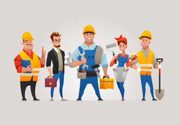 zespół pracowników budowlanych - mechanic cartoon construction work tool stock illustrations