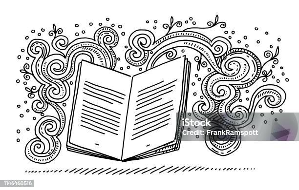 Open Book Storytelling Fantasy Doodle Drawing Stock Illustration - Download Image Now - Book, Doodle, Storytelling