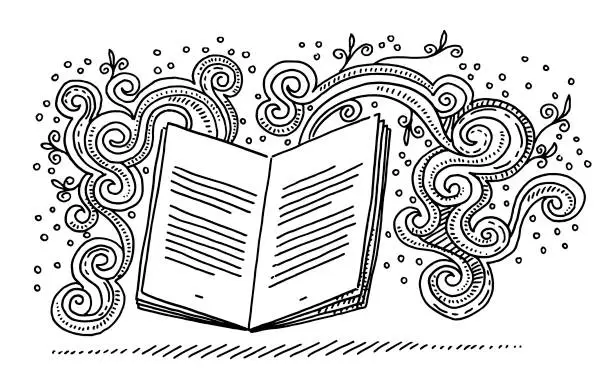 Vector illustration of Open Book Storytelling Fantasy Doodle Drawing