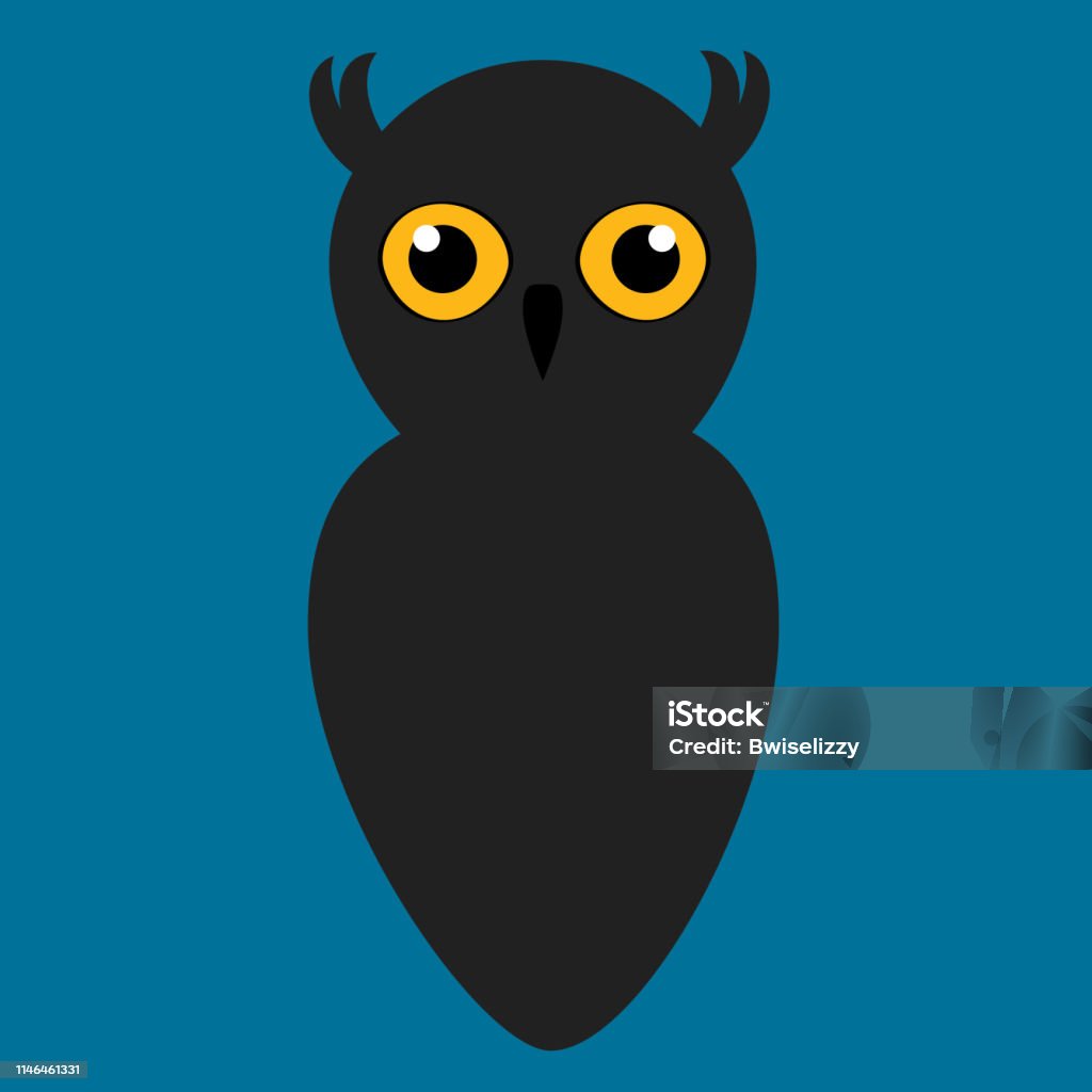 Black owl simple drawing A simple silhouette drawing of a owl yellow eyes and a blue background Animal stock vector