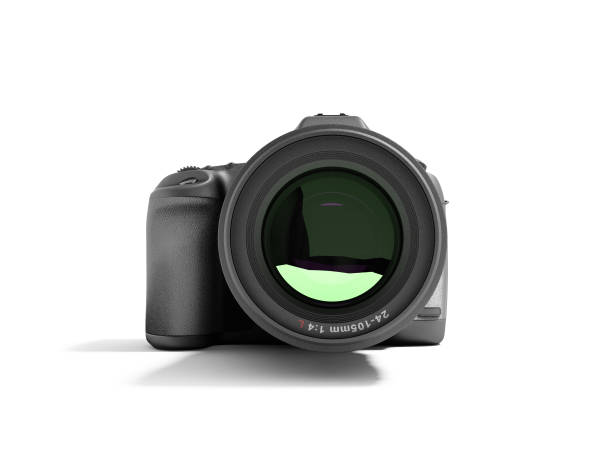istock New professional zoom camera front view 3d render on white background with shadow 1146461830