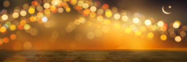 festive background with wooden table, crescent and star