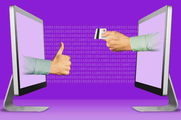 istock modern concept, two hands from computers. thumbs up, like and hand with credit card. 3d illustration 1146465185