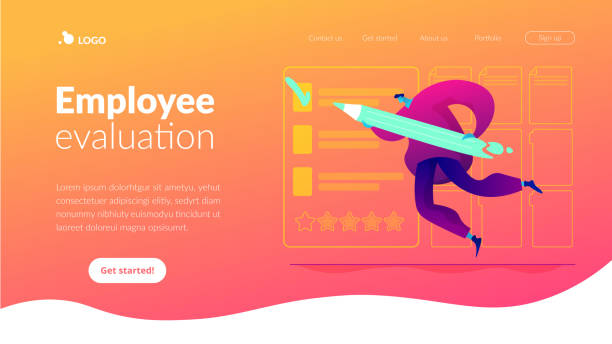 ilustraciones, imágenes clip art, dibujos animados e iconos de stock de plantilla de página de aterrizaje de evaluación de empleados. - evaluación del desempeño