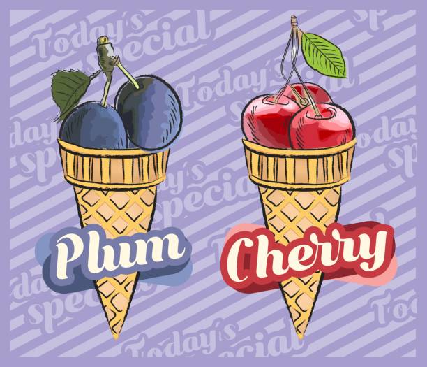 ilustraciones, imágenes clip art, dibujos animados e iconos de stock de helado de cereza. helado de ciruela. ilustración vectorial de cono de helado de frutas, diseño dibujado a mano - tinge