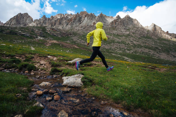 istock Woman trail runner jumping over small river on beautiful mountains 1146473523