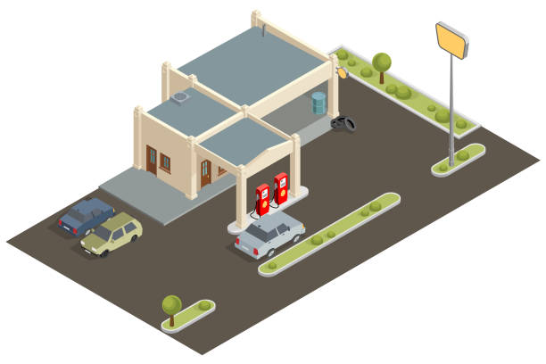 ilustrações de stock, clip art, desenhos animados e ícones de isometric - isometric gas station transportation car