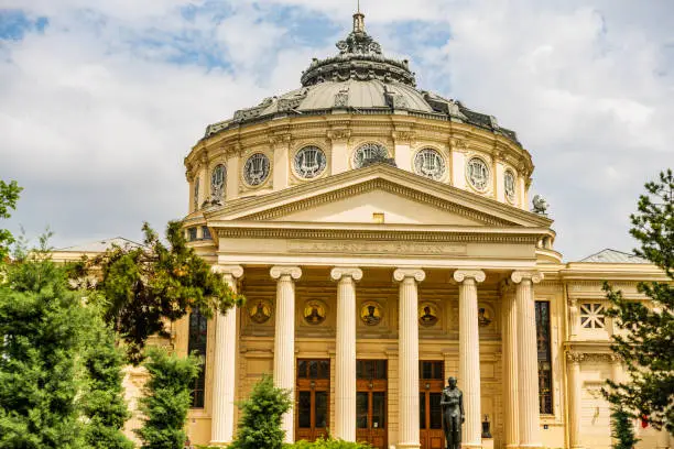 Photo of The Romanian Athenaeum in the center of Bucharest, a landmark of the Romanian capital city.