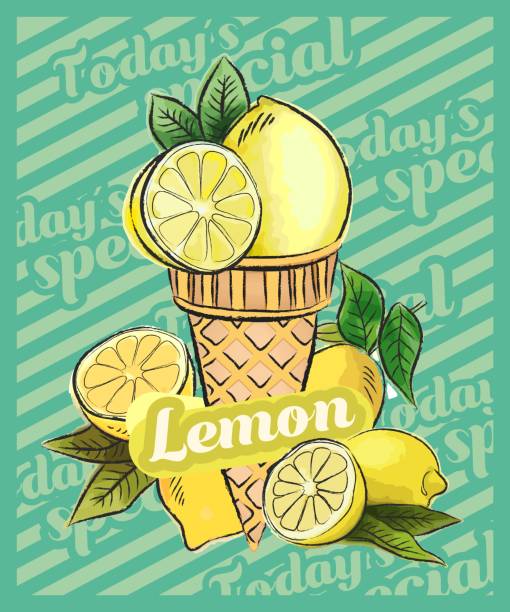 ilustraciones, imágenes clip art, dibujos animados e iconos de stock de cuchara de helado de limón en cono. ilustración de croquis vectorial. idea de helado de frutas, concepto - tinge