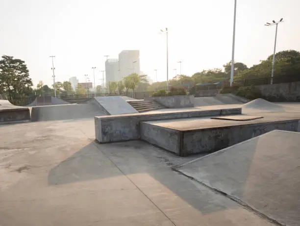 ramps and ledges in modern skate park