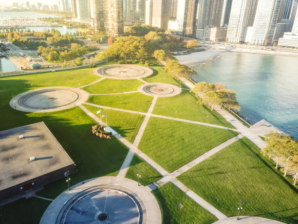 istock Aerial view Chicago skyscraper from waterfront park by Lake Michigan 1146477233
