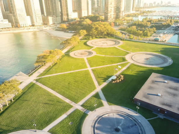 istock Aerial view Chicago skyscraper from waterfront park by Lake Michigan 1146477247