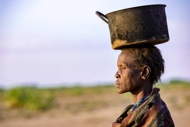 Omorate, Omo Valley, Ethiopia, September 2018 people of the Dassanech tribe Elder tribal lady carries a large pot on her head omo river photos stock pictures, royalty-free photos & images