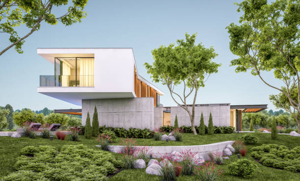 istock 3d rendering of modern house on the hill with pool in evening 1146481129