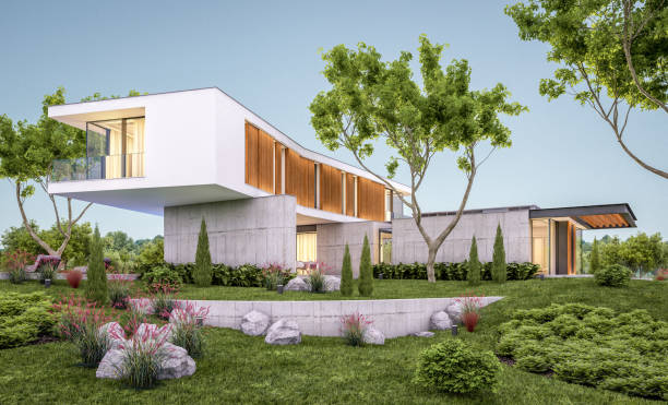 istock 3d rendering of modern house on the hill with pool in evening 1146481132