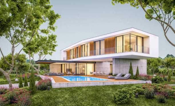 istock 3d rendering of modern house on the hill with pool in evening 1146481142