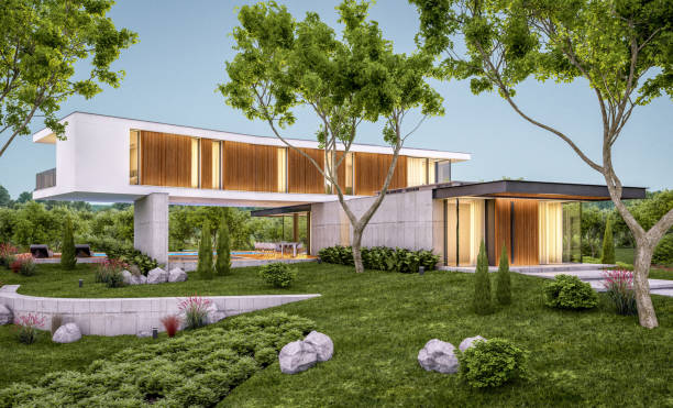istock 3d rendering of modern house on the hill with pool in evening 1146481143