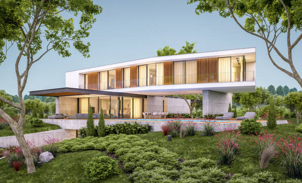 istock 3d rendering of modern house on the hill with pool in evening 1146481153