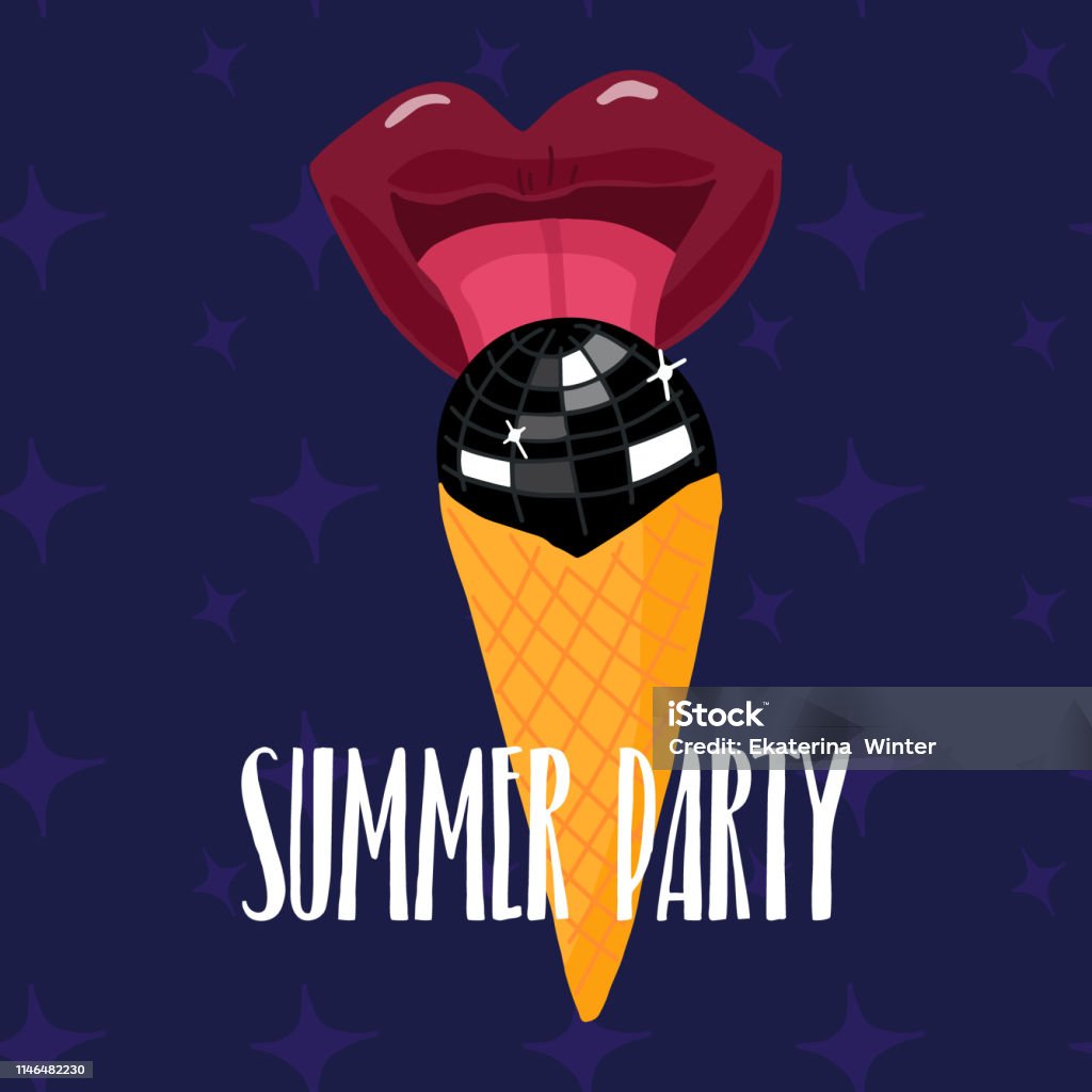 Disco ice cream Illustration of red lips licking disco ball in ice cream cone. Summer party flyer, poster, invitation design. Dark violet background with stars - Vector Life Events stock vector