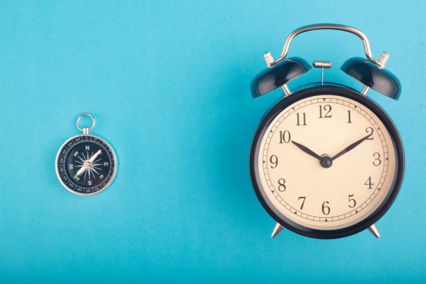 istock Time management concept, alarm clock and compass on blue background. copy space for text 1146482821