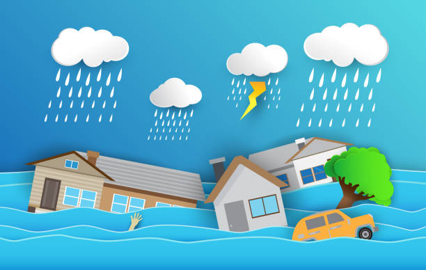 도시 거리, 떨어지는 나무에 도시 홍수 홍수 물 - residential structure house water natural disaster stock illustrations