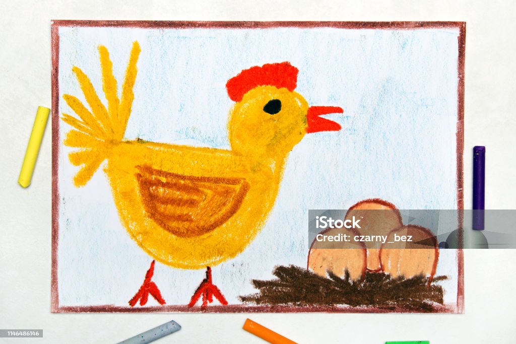Foto de Desenho Colorido Galinha Ninhada E Três Ovos Em Um Ninho e