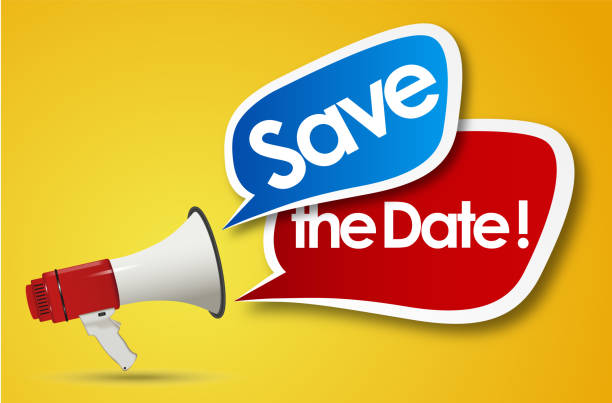 Save the date Save the date word and megaphone english spoken stock illustrations