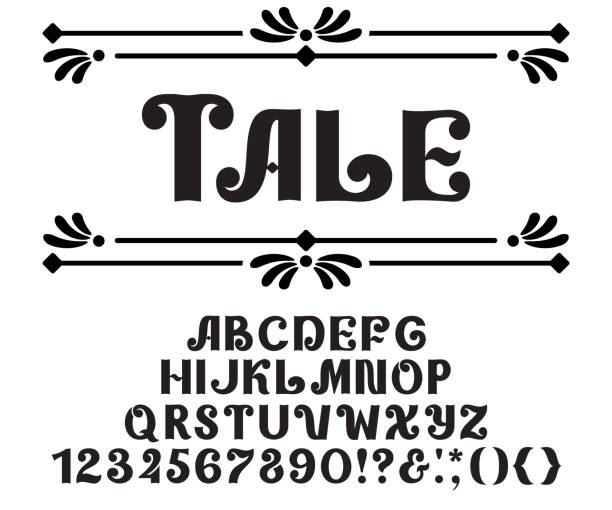 Decorative Alphabet fairy tale design. Vector typeface, ornate style, letters and numbers Decorative Alphabet fairy tale design. Vector uppercase English letters, numbers. Handmade typeface, ornate style. Beautiful font for children's, Christmas and gift projects. fairy tale font stock illustrations