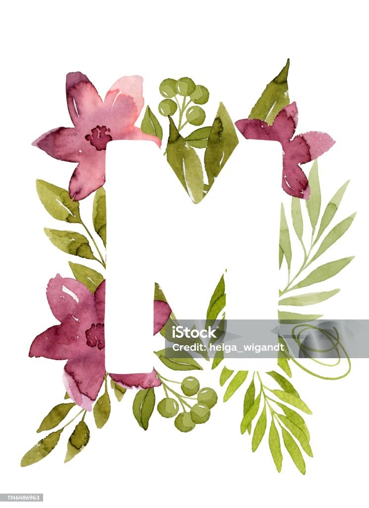 Monogram M With Watercolor Flowers And Leaves Stock Illustration - Download  Image Now - Alphabet, Botany, Bouquet - iStock
