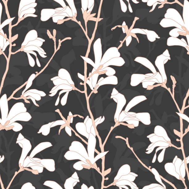 Seamless pattern with magnolia tree blossom. Floral background with branch and white magnolia flower. Spring design with big floral elements. Hand drawn botanical illustration. Seamless pattern with magnolia tree blossom. Floral background with branch and white magnolia flower. Spring design with big floral elements. Hand drawn botanical illustration magnolia white flower large stock illustrations