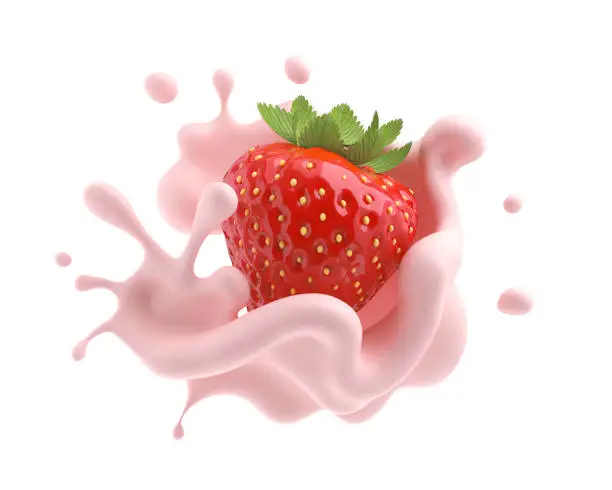 Photo of Strawberry falling into pink milk or yogurt splash.
