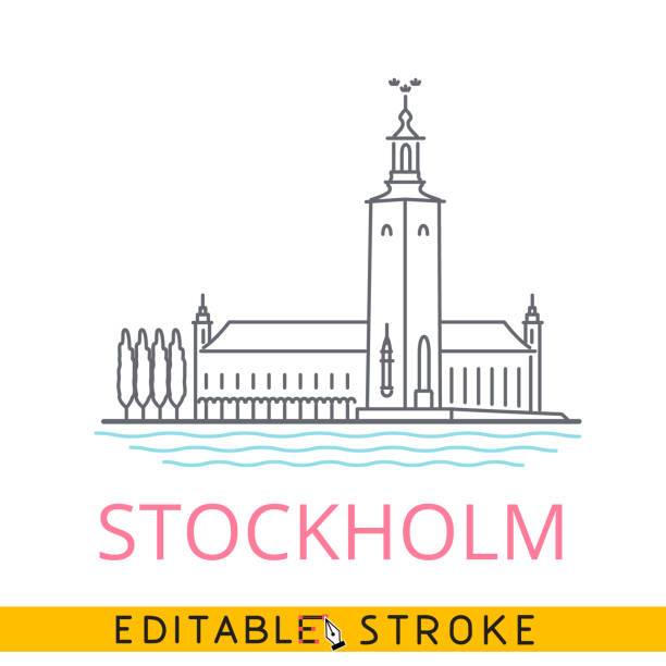 illustrazioni stock, clip art, cartoni animati e icone di tendenza di municipio di stoccolma, svezia. icona della linea sottile del tratto modificabile facile. - stockholm