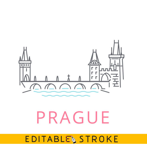 illustrazioni stock, clip art, cartoni animati e icone di tendenza di praga, ponte carlo, ceco. icona linea sottile tratto facile modificabile. - charles bridge