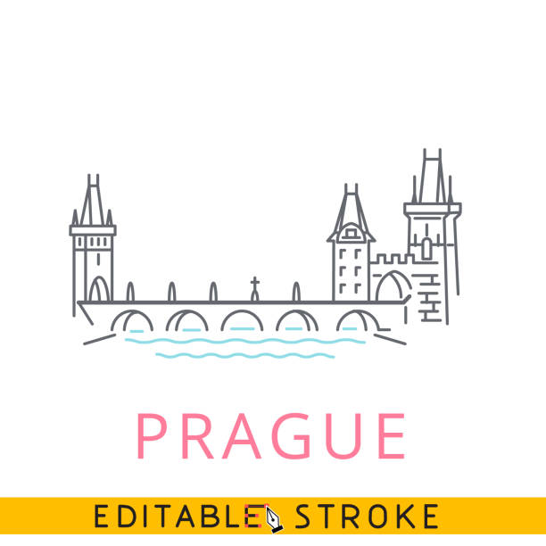 ilustrações de stock, clip art, desenhos animados e ícones de prague, charles bridge, czech. easy editable stroke thin line icon. - ponte charles