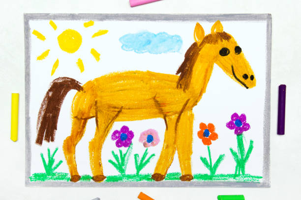 istock Colorful drawing: cute smiling horse in the pasture 1146488080