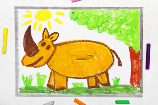 istock Colorful drawing: cute smiling rhinoceros in forest 1146488234