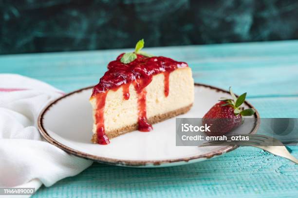 Stawberry Cheesecake Stock Photo - Download Image Now - Cheesecake, Strawberry, Fork