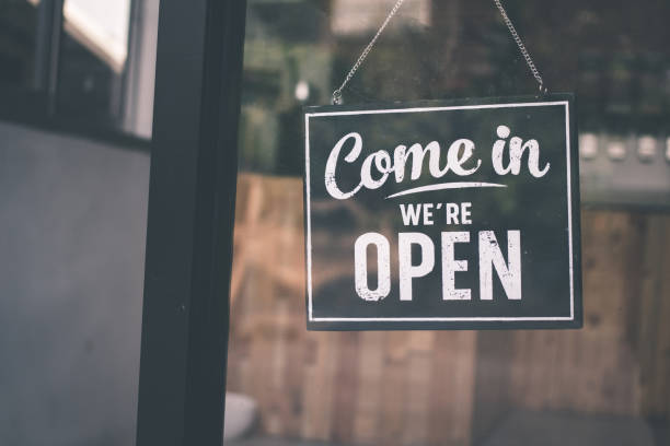 istock Come in we're open, vintage black retro sign 1146489952