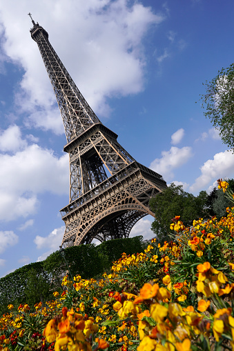 eiffel tower paris with landscaped garden and blue summer sky