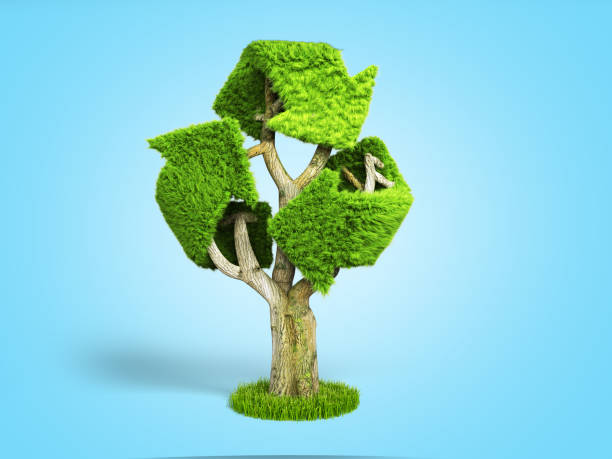 istock volumetric green grass coated recycling sign as tree 3d render on blue gradient 1146491884