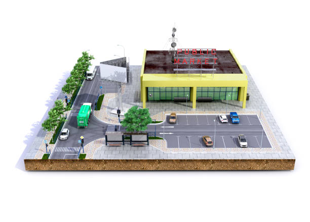istock Klachek land Supermarket with parking on the ground 3d render on white 1146493610
