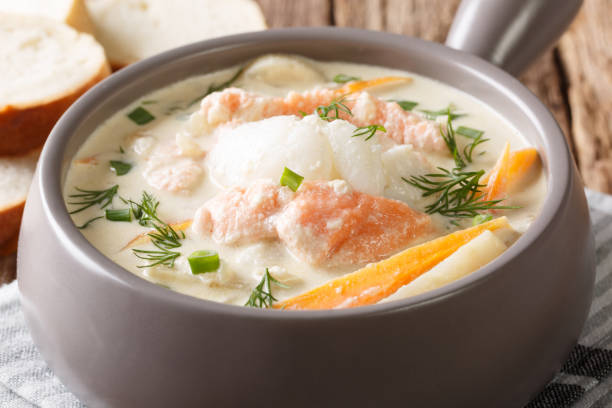 istock Norwegian creamy fish soup fiskesuppe with cod and salmon closeup. horizontal 1146494562
