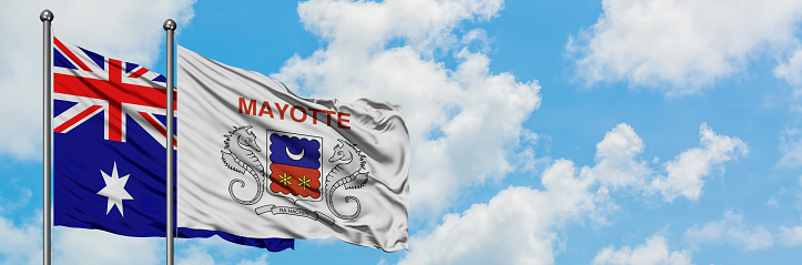 Australia and Mayotte flag waving in the wind against white cloudy blue sky together. Diplomacy concept, international relations.